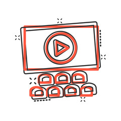 Film icon in comic style. Movie cartoon vector illustration on white isolated background. Cinema theater splash effect business concept.