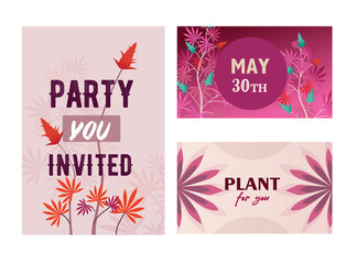 Vivid pink hemp party invitation designs with growing plant