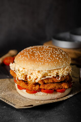 Homemade burger with chicken schnitzel
