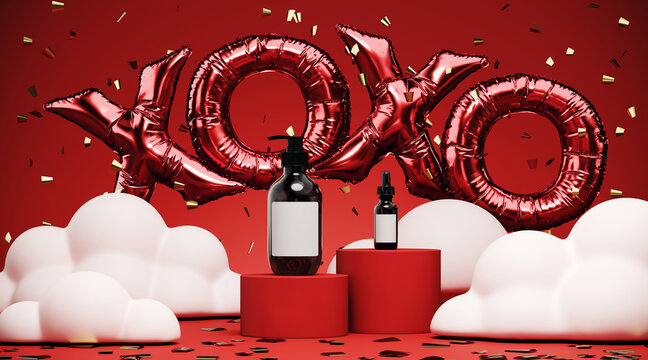 Minimal product background for love and Valentine concept. "XOXO" letter foil balloon, cloud and podium on red background. 3d render illustration. Clipping path of each element included.

