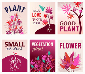 Pink greeting card designs with ganja bushes with roots