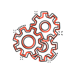 Gear vector icon in comic style. Cog wheel cartoon illustration on white isolated background. Gearwheel cogwheel splash effect business concept.