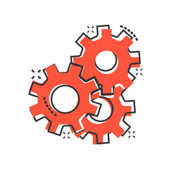 Gear vector icon in comic style. Cog wheel cartoon illustration on white isolated background. Gearwheel cogwheel splash effect business concept.