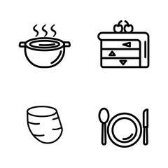 Soup, cake, potato, and plate, with a outline style vector