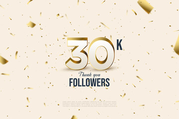 30k followers background with falling gold paper illustrations.