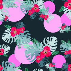 Vector seamless pattern with tropical plant leaves, red hibiscus flowers on dark with pink circles background.