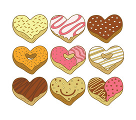 Big Set of Vector illustration of Heart Shaped Donuts collection with colorful and attractive toppings, chocolate, sweet and delicious food