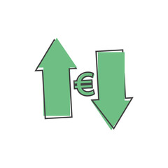 Vector up and down arrow and euro sign icon on cartoon style on white isolated background.