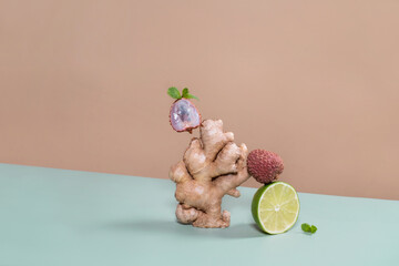 Balancing ginger, lime, lychee vitamins supply. Trendy