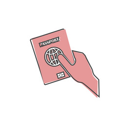 Vector icon hand holds a passport on cartoon style on white isolated background.