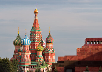 St. Basil's Cathedral and Lenin Mausoleum on red square. Medieval Russian brick architecture of the...