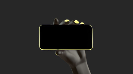 Black man or woman hand holding phone, isolated on background. 3d rendering. Mockup concept set of social media, app, messages and comments.