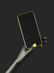 Black man or woman hand holding phone, isolated on background. 3d rendering. Mockup concept set of social media, app, messages and comments.