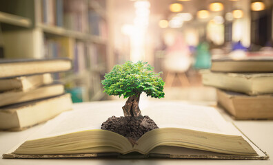 Teacher day concept: Big tree with soil on opening old book in blurred library background