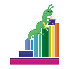 vector illustration of a smart bookworm. love of reading and books. a bright illustration for book lovers. The caterpillar reads the book and becomes smarter. he goes up the stairs.