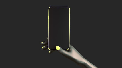 Black man or woman hand holding phone, isolated on background. 3d rendering. Mockup concept set of social media, app, messages and comments.