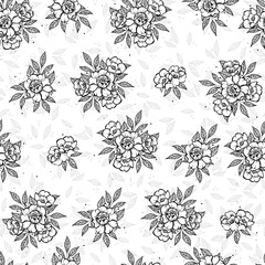 Seamless doodle art flower and leaf isolated on white background. Hand drawn illuatration Peony flower.