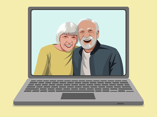 communicating with elderly parents using screen computer and videocall application-Distant virtual communication modern technology usage concept- pc screen smiling senior couple