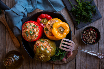 Bell peppers with meat and parsley , stuffed vegetables