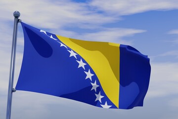 3D illustration of Waving flag of Bosnia and Herzegovina with chrome flag pole in blue sky waving in the wind. High resolution flag with clarity.