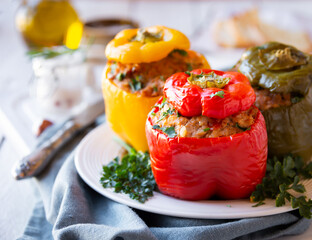 Bell peppers with meat and parsley , stuffed vegetables