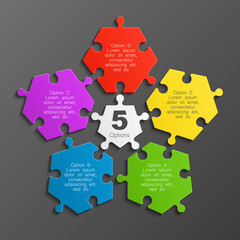Five piece puzzle business presentation. Circle infograph. 5 step puzzle process diagram. Five section compare service banner. 5 section shape, info graphic banner background