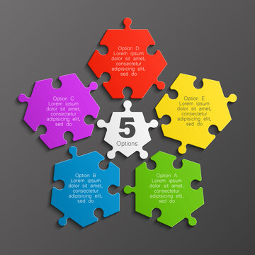 Five piece puzzle business presentation. Circle infograph. 5 step puzzle process diagram. Five section compare service banner. 5 section shape, info graphic banner background