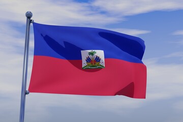 3D illustration of Waving flag of Haiti with chrome flag pole in blue sky waving in the wind. High resolution flag with clarity.