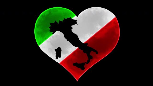 Love Italy.Black Italy map on tricolor beating heart.love flag element, country love video.