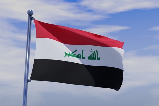 Wehende Flagge vom Irak vor blauem Wolkenhimmel, Irak flag of Iraq against  blue cloudy sky, Iraq