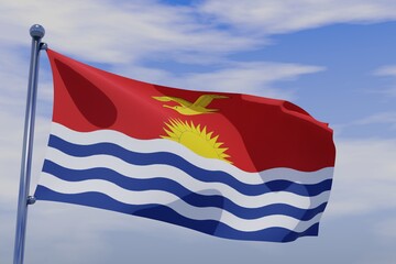 3D illustration of Waving flag of Kiribati with chrome flag pole in blue sky waving in the wind. High resolution flag with clarity.