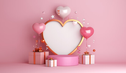 Happy valentines day podium decoration with heart shape balloon, gift box, confetti, 3D rendering illustration - obrazy, fototapety, plakaty