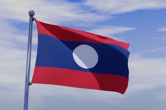 3D illustration of Waving flag of Lao People's Democratic Republic with chrome flag pole in blue sky waving in the wind. High resolution flag with clarity.