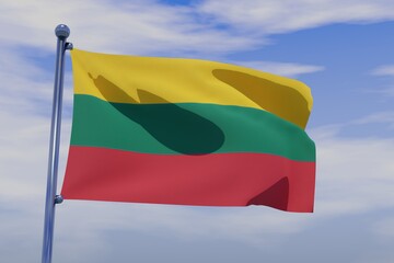 3D illustration of Waving flag of Lithuania with chrome flag pole in blue sky waving in the wind. High resolution flag with clarity.
