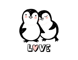 Hand drawn cute penguin isolated on white. Doodle cute animal illustration. Vector character.