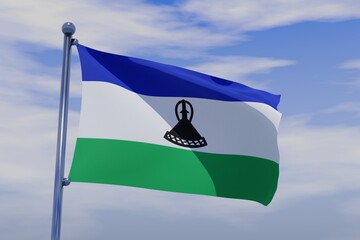 3D illustration of Waving flag of Lesotho with chrome flag pole in blue sky waving in the wind. High resolution flag with clarity.