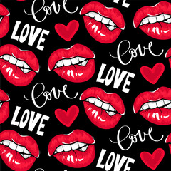 Sexy red lips seamless pattern. Female mouth with red lipstick and love lettering. Cosmetics and makeup background.