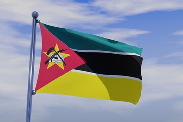 3D illustration of Waving flag of Mozambique with chrome flag pole in blue sky waving in the wind. High resolution flag with clarity.