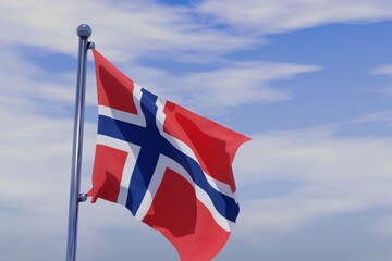 3D illustration of Waving flag of Norway with chrome flag pole in blue sky waving in the wind. High resolution flag with clarity.
