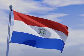 3D illustration of Waving flag of Paraguay with chrome flag pole in blue sky waving in the wind....