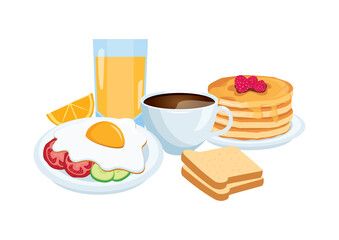 Breakfast still life with coffee, egg, pancakes, bread and orange juice vector. Rich and varied breakfast icon vector. Breakfast food icon set isolated on a white background vector illustration