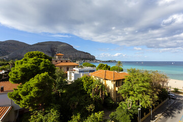 The sea in winter. Beautiful view of the beach of Mondello