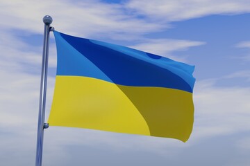 3D illustration of Waving flag of Ukraine with chrome flag pole in blue sky waving in the wind. High resolution flag with clarity.