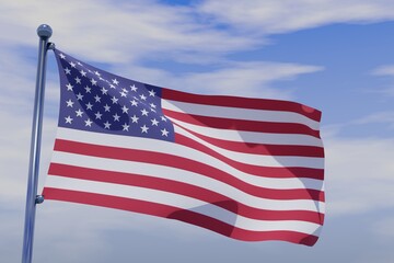 3D illustration of Waving flag of United States with chrome flag pole in blue sky waving in the wind. High resolution flag with clarity.