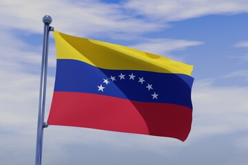 Fototapeta na wymiar 3D illustration of Waving flag of Venezuela with chrome flag pole in blue sky waving in the wind. High resolution flag with clarity.
