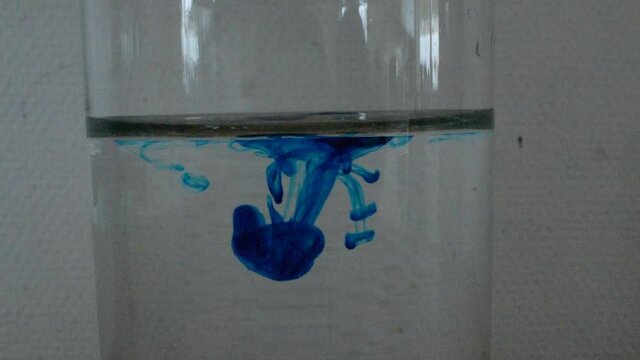 Fluid dynamics experiment where a drop of blue dye is put in water