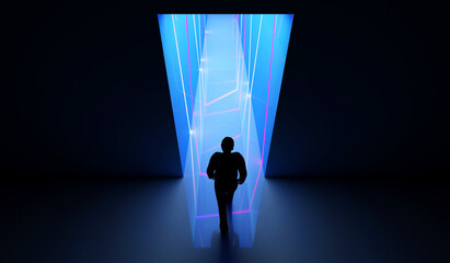 View of Person go to the illuminated color neon tunnel with blue lights