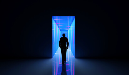 Perspective view of Person go to the illuminated color neon tunnel with blue lights