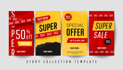 Editable vertical banner stories template with super discount text and sale decor elements on red and yellow background.