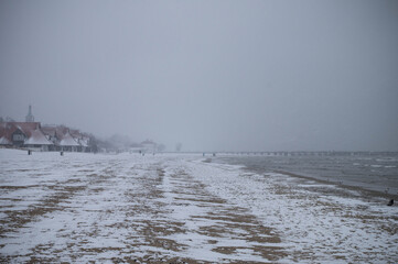 Snow on the sopot beach, baltic sea, poland 2018